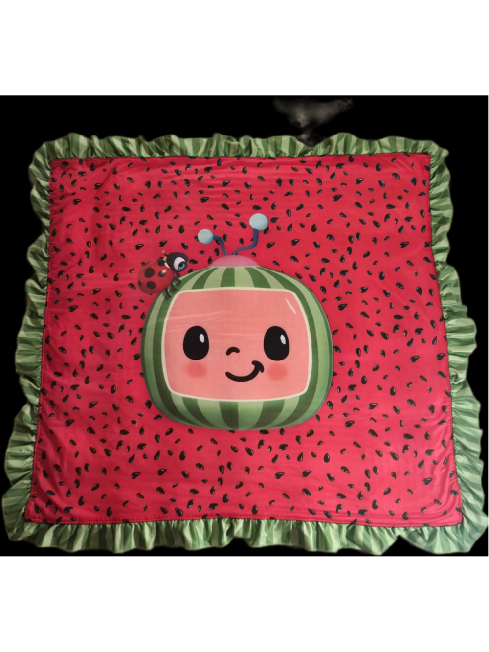 Handmade Watermelon Baby Blanket Ladybug Ruffle Red Green Soft 33” x 30.5”